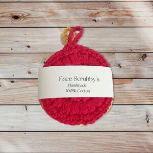 Hand Crafted Crochet Puff Face Scrubby’s 4 Pack Hook Handle Red white pink gold